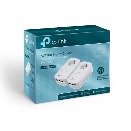 KIT ADAPTOR POWERLINE TP-LINK tehnologie AV2, AV1300, pana la 1300Mbps, 3 porturi Gigabit, priza AC, 2 buc. &quot;TL-PA8030P KIT&quot; (include timbru verde 1.5 lei)