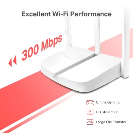 ROUTER MERCUSYS wireless  300Mbps, 1 x 10/100Mbps WAN, 3 x 10/100Mbps LAN, 3 x antene externe &quot;MW306R&quot; (include timbru verde 1 leu)