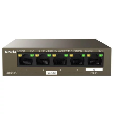 Switch Tenda TEG1105PD, 5 Porturi Gigabit, 4 Porturi PoE, 58W, Plug &amp; Play, Carcasa Metalica