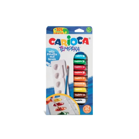 Acuarele tempera Carioca 12 culori 10 ml cu tăviță și pensulă