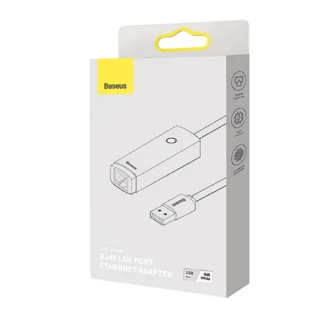 ADAPTOR RETEA Baseus Lite, USB 2.0 to RJ-45 10/100 Mbps Adapter, LED, alb &quot;WKQX000002&quot; (timbru verde 0.18 lei)  - 6932172606039