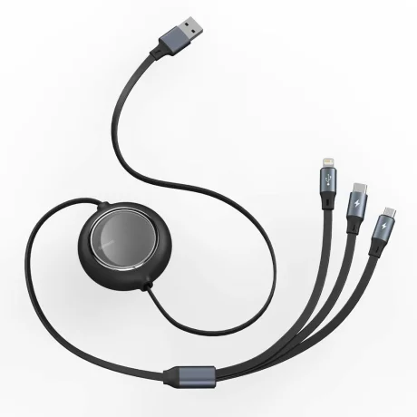 CABLU alimentare si date Baseus Bright Mirror One-for-three Retractable, pt. smartphone, USB la Micro-USB + Lightning Iphone + USB Type-C 3.5A, 1.2m, negru &quot;CAMLT-MJ01&quot; (timbru verde 0.08 lei) - 6953156203945