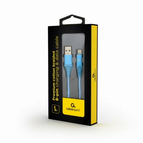 CABLU alimentare si date GEMBIRD, pt. smartphone, USB 2.0 (T) la Lightning (T), 1m, premium, cablu cu impletire din bumbac, albastru cu insertii albe, &quot;CC-USB2B-AMLM-1M-VW&quot; (timbru verde 0.08 lei)