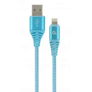 CABLU alimentare si date GEMBIRD, pt. smartphone, USB 2.0 (T) la Lightning (T), 1m, premium, cablu cu impletire din bumbac, albastru cu insertii albe, &quot;CC-USB2B-AMLM-1M-VW&quot; (timbru verde 0.08 lei)