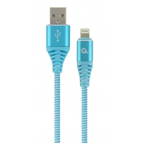 CABLU alimentare si date GEMBIRD, pt. smartphone, USB 2.0 (T) la Lightning (T), 1m, premium, cablu cu impletire din bumbac, albastru cu insertii albe, &quot;CC-USB2B-AMLM-1M-VW&quot; (timbru verde 0.08 lei)