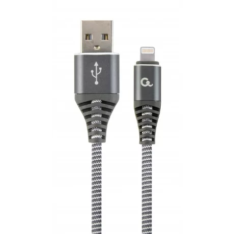 CABLU alimentare si date GEMBIRD, pt. smartphone, USB 2.0 (T) la Lightning (T), 1m, premium, cablu cu impletire din bumbac, gri cu insertii albe, &quot;CC-USB2B-AMLM-1M-WB2&quot; (timbru verde 0.08 lei)