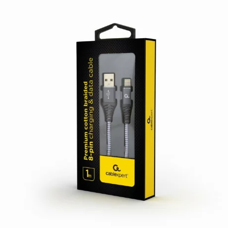 CABLU alimentare si date GEMBIRD, pt. smartphone, USB 2.0 (T) la Lightning (T), 1m, premium, cablu cu impletire din bumbac, gri cu insertii albe, &quot;CC-USB2B-AMLM-1M-WB2&quot; (timbru verde 0.08 lei)