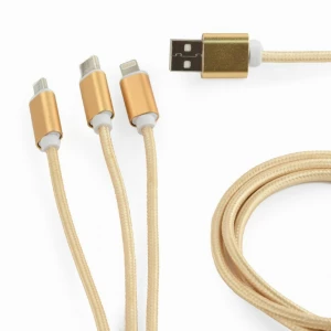 CABLU alimentare si date GEMBIRD, telefon, 3 + 1, USB 2.0 (T) la Lightning (T) + Micro-USB 2.0 (T) + USB 2.0 Type-C (T), 1m, cablu impletit bumbac, incarcare simultana a 3 tipuri de telefoane, auriu, &quot;CC-USB2-AM31-1M-G&quot; (timbru verde 0.08 lei)