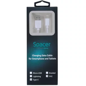 CABLU alimentare si date SPACER, pt. smartphone, USB 3.0 (T) la Type-C (T), PVC,2.1A,Retail pack, 1m, alb, &quot;SPDC-TYPEC-PVC-W-1.0&quot; (include TV 0.06 lei)