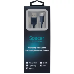 CABLU alimentare si date SPACER, pt. smartphone, USB 3.0 (T) la Type-C (T), PVC,2.1A,Retail pack, 1m, black, &quot;SPDC-TYPEC-PVC-BK-1.0&quot; (timbru verde 0.08 lei)