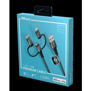 CABLU alimentare smartphone Trust, Micro-USB (T) | USB Type-C (T) | Lightning (T) la USB 2.0 (T), material impletit (braided), lungime 1 m, negru, &quot;TR-23572&quot; (timbru verde 0.08 lei)