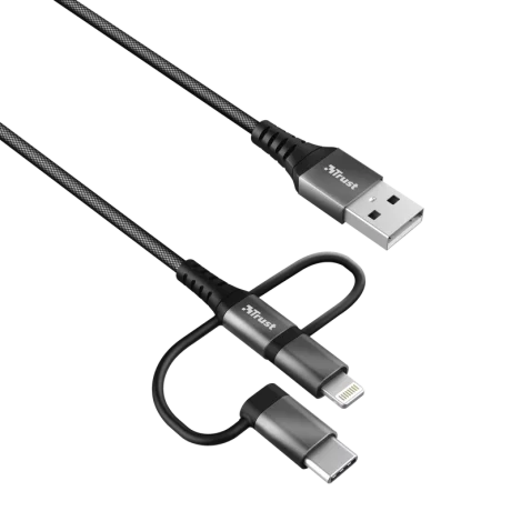 CABLU alimentare smartphone Trust, Micro-USB (T) | USB Type-C (T) | Lightning (T) la USB 2.0 (T), material impletit (braided), lungime 1 m, negru, &quot;TR-23572&quot; (timbru verde 0.08 lei)