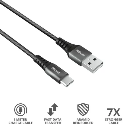 CABLU alimentare smartphone Trust, USB Type-C (T) la USB 2.0 (T), material impletit (braided), lungime 1 m, negru, &quot;TR-23571&quot; (timbru verde 0.08 lei)