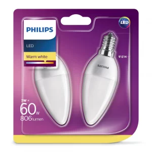 SET 2 becuri LED Philips, soclu E14, putere 7W, forma lumanare, lumina alb calda, alimentare 220 - 240 V, &quot;000008718699614157&quot; (timbru verde 0.9 lei)