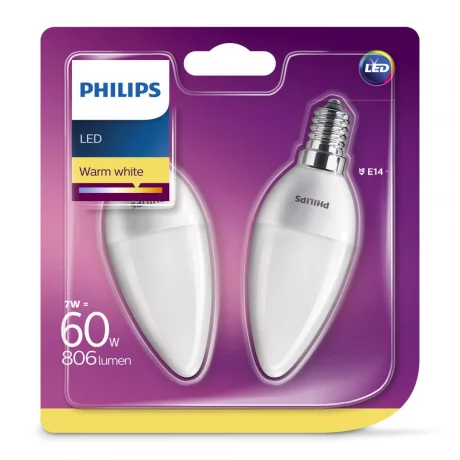 SET 2 becuri LED Philips, soclu E14, putere 7W, forma lumanare, lumina alb calda, alimentare 220 - 240 V, &quot;000008718699614157&quot; (timbru verde 0.9 lei)
