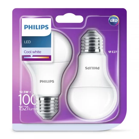 SET 2 becuri LED Philips, soclu E27, putere 12.5W, forma clasic, lumina alb rece, alimentare 220 - 240 V, &quot;000008718696813737&quot; (timbru verde 0.9 lei)
