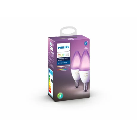 SET 2 becuri smart LED Philips, soclu E14, putere 5.3W, forma lumanare, lumina multicolora, alimentare 220 - 240 V, &quot;000008718699726331&quot; (timbru verde 0.9 lei)