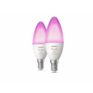 SET 2 becuri smart LED Philips, soclu E14, putere 5.3W, forma lumanare, lumina multicolora, alimentare 220 - 240 V, &quot;000008718699726331&quot; (timbru verde 0.9 lei)