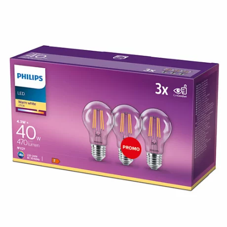 SET 3 becuri smart LED Philips, soclu E27, putere 4.3W, forma clasic, lumina toate nuantele de alb, alimentare 220 - 240 V, &quot;000008718699665043&quot; (timbru verde 1.35 lei)