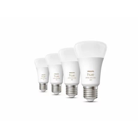 Set 4 becuri smart LED Philips, soclu E27, putere 6.5 W, forma clasic, lumina multicolora, alimentare 220 - 240 V, &quot;8719514328402&quot; (timbru verde 1.80 lei)