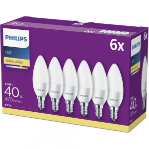 SET 6 becuri LED Philips, soclu E27, putere 5.5W, forma lumanare, lumina alb calda, alimentare 220 - 240 V, &quot;000008718696829912&quot; (timbru verde 2.7 lei)