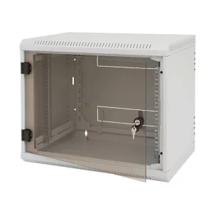 TRITON RACK de PERETE sectiune simpla 12U 600mm adancime usa sticla panouri laterale fixe sectiuni, sectiuni acces cabluri sus/jos/spate securizare cu cheie, 1 pereche montanti reglabili IP30 gri &quot;RBA-12-AS6-CAX-A1&quot;