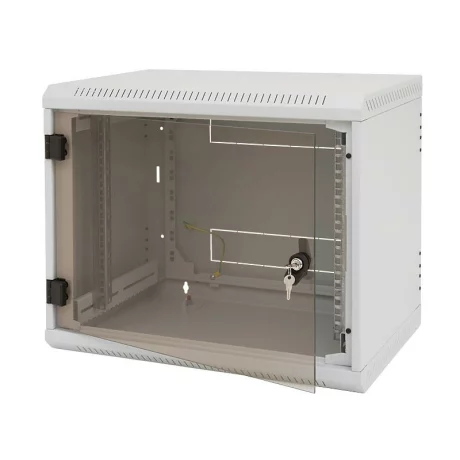 TRITON RACK de PERETE sectiune simpla 12U 600mm adancime usa sticla panouri laterale fixe sectiuni, sectiuni acces cabluri sus/jos/spate securizare cu cheie, 1 pereche montanti reglabili IP30 gri &quot;RBA-12-AS6-CAX-A1&quot;