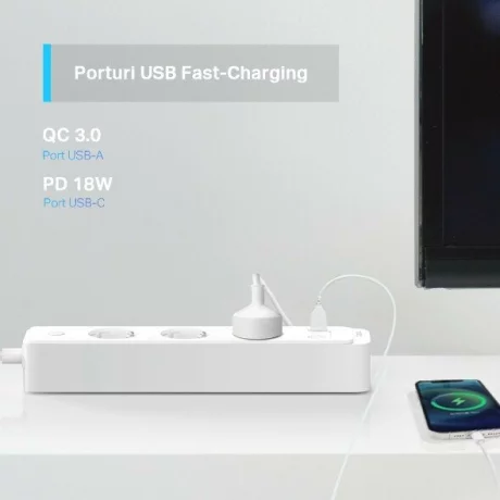 PRELUNGITOR inteligent TP-LINK, Schuko x 3, USB x 2, USB Type-C x 1 Bluetooth, WiFi, alb  Tapo P300