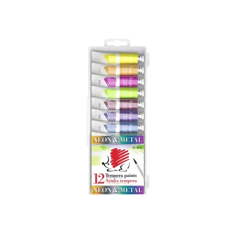 Acuarele tempera Ico Arici Neon și Metal 12 ml, 12 culori/set