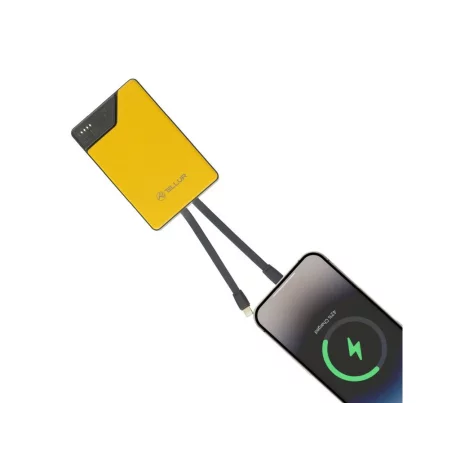 Baterie externă Tellur 10000mAh, USB-C + Lightning cabluri incorporate, QC3.0, PD, galben