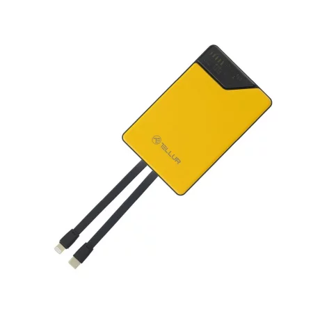 Baterie externă Tellur 10000mAh, USB-C + Lightning cabluri incorporate, QC3.0, PD, galben