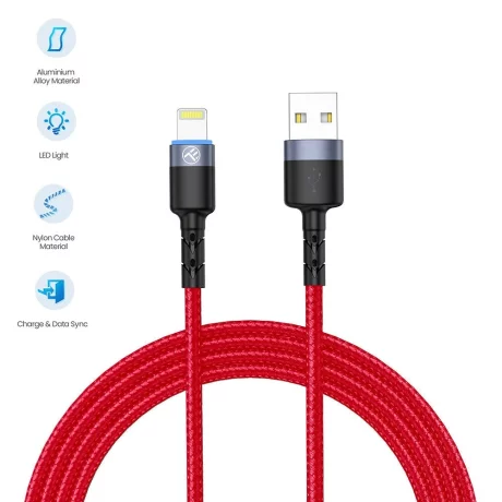 Cablu Tellur Lightning cu LED, 3A, nailon, 1.2m, roșu