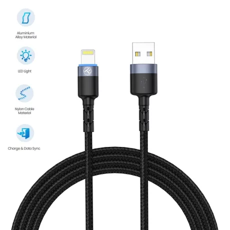 Cablu Tellur USB to Lightning cu LED, 2A, nailon, 2m, nailon, negru