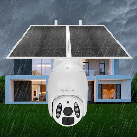 Cameră solară WiFi Tellur Smart, P&amp;T, 3MP, 2K UltraHD, PIR, panou solar 20W, Alb