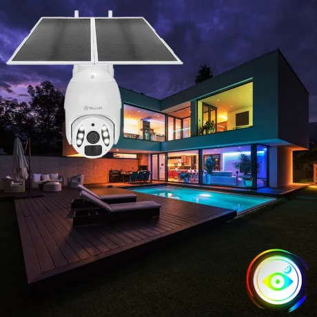 Cameră solară WiFi Tellur Smart, P&amp;T, 3MP, 2K UltraHD, PIR, panou solar 20W, Alb