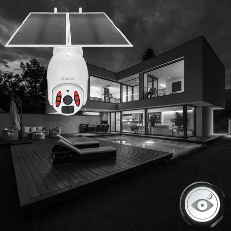 Cameră solară WiFi Tellur Smart, P&amp;T, 3MP, 2K UltraHD, PIR, panou solar 20W, Alb