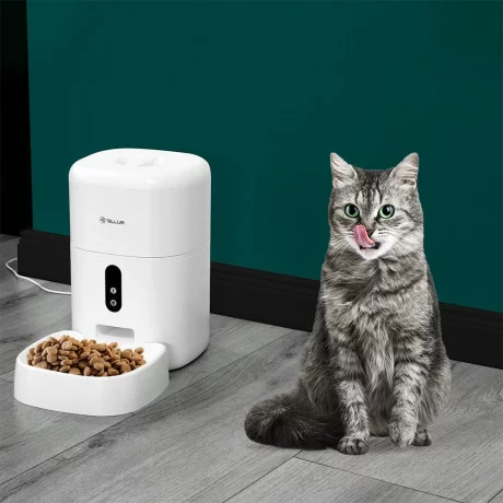 Dispenser hrană animale WiFi Tellur Smart, Cameră UltraHD, 4L, Alb