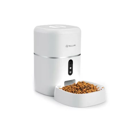 Dispenser hrană animale WiFi Tellur Smart, Cameră UltraHD, 4L, Alb