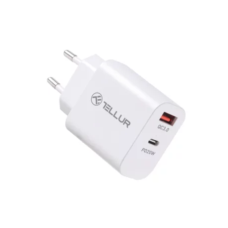 Încărcător priză Tellur PDHC101 cu două porturi, PD 20W + QC3.0 18W, alb