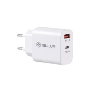 Încărcător priză Tellur PDHC101 cu două porturi, PD 20W + QC3.0 18W, alb