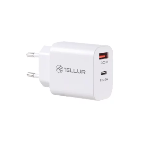 Încărcător priză Tellur PDHC101 cu două porturi, PD 20W + QC3.0 18W, alb