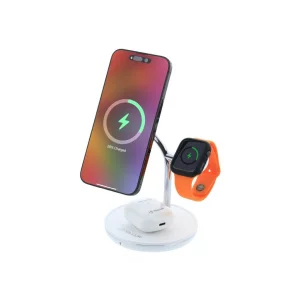 Încărcător wireless birou Tellur, 3-in-1, certificat MagSafe 15W, Watch 2.5W, TWS 5W, alb