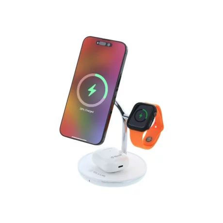 Încărcător wireless birou Tellur, 3-in-1, certificat MagSafe 15W, Watch 2.5W, TWS 5W, alb