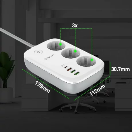 Prelungitor WiFi Tellur Smart, 3 porturi, PD30W, QC18W, 2xUSB 2.4A, 2500W, 10A, 2m