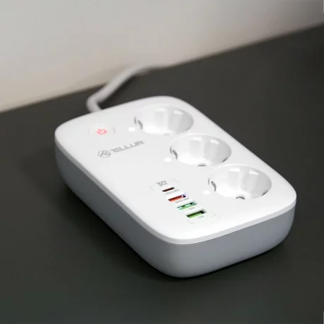 Prelungitor WiFi Tellur Smart, 3 porturi, PD30W, QC18W, 2xUSB 2.4A, 2500W, 10A, 2m