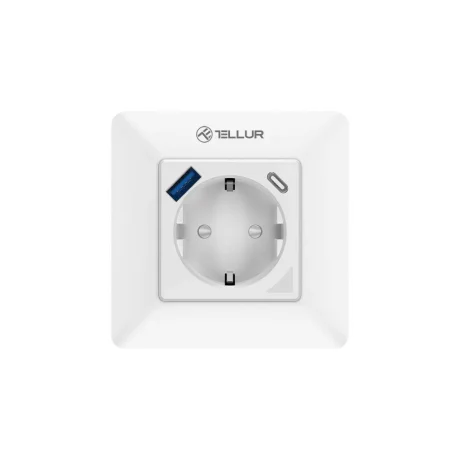 Priză de perete WiFi Tellur Smart, 3600W, 16A, PD20W, USB 18W, monitorizare consum, alb