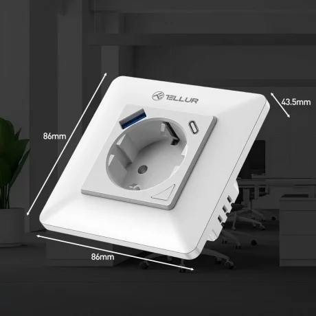 Priză de perete WiFi Tellur Smart, 3600W, 16A, PD20W, USB 18W, monitorizare consum, alb