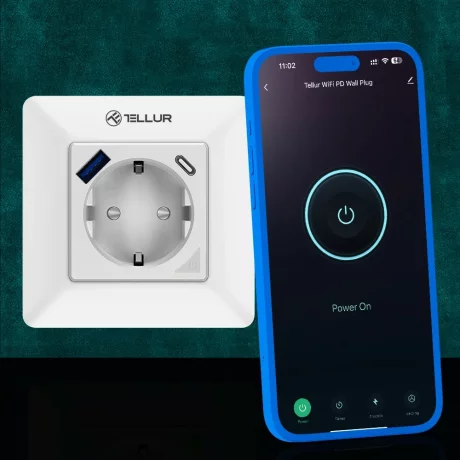 Priză de perete WiFi Tellur Smart, 3600W, 16A, PD20W, USB 18W, monitorizare consum, alb