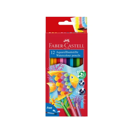 Creioane colorate hexagonale acuarelă + pensulă Faber-Castell 12 culori/set
