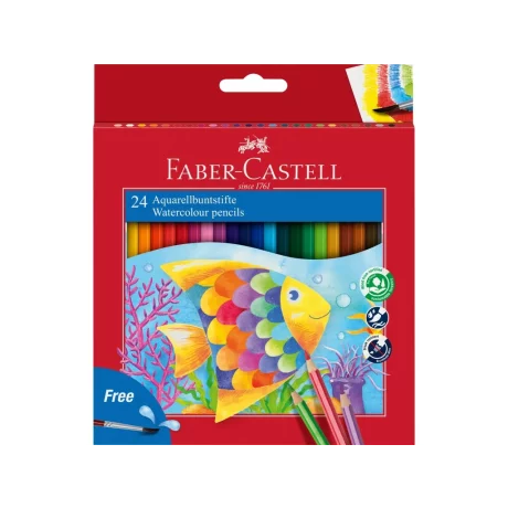 Creioane colorate hexagonale acuarelă + pensulă Faber-Castell 24 culori/set
